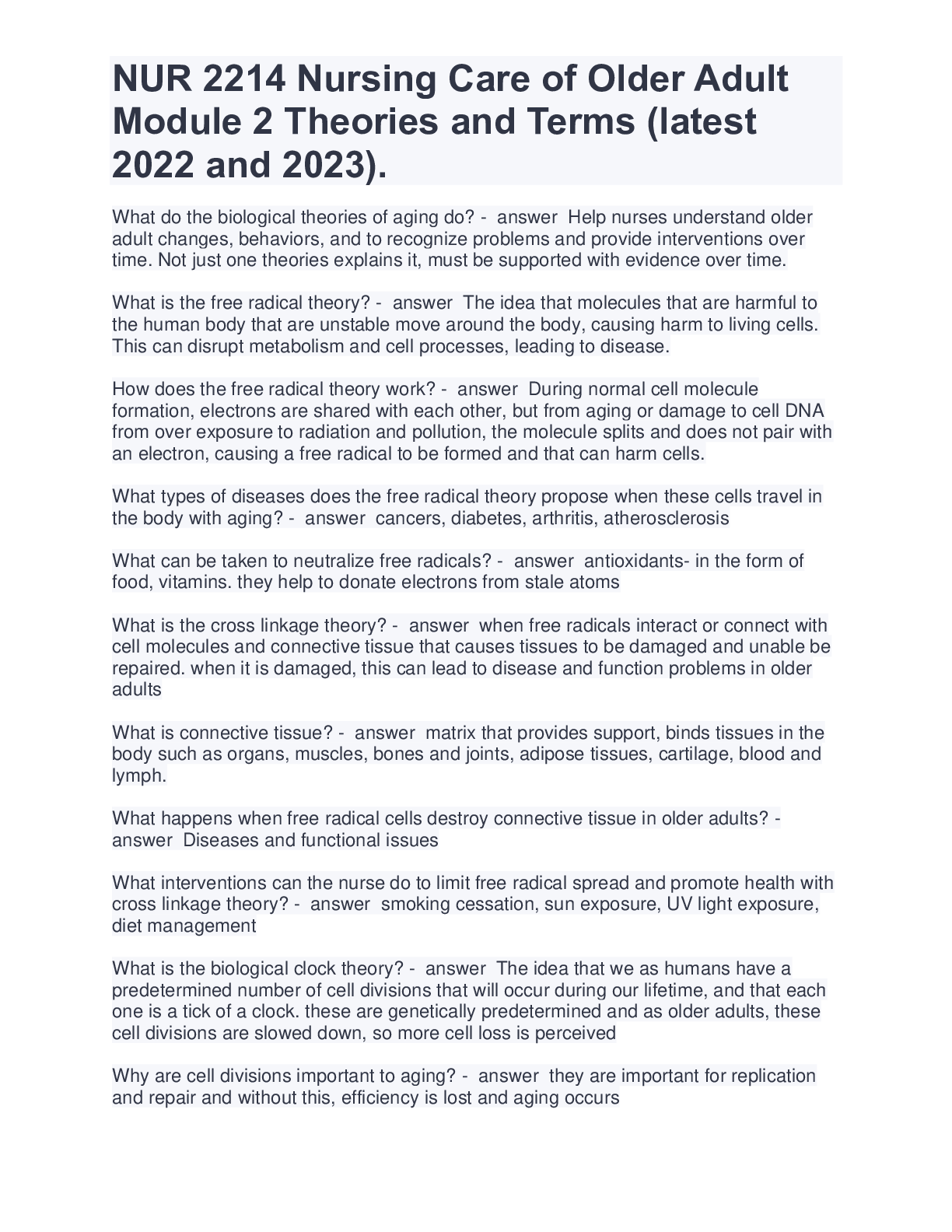 Preview of NUR 2214 Nursing Care of Older Adult Module 2 Theories and Terms ( latest 2022 and 2023)